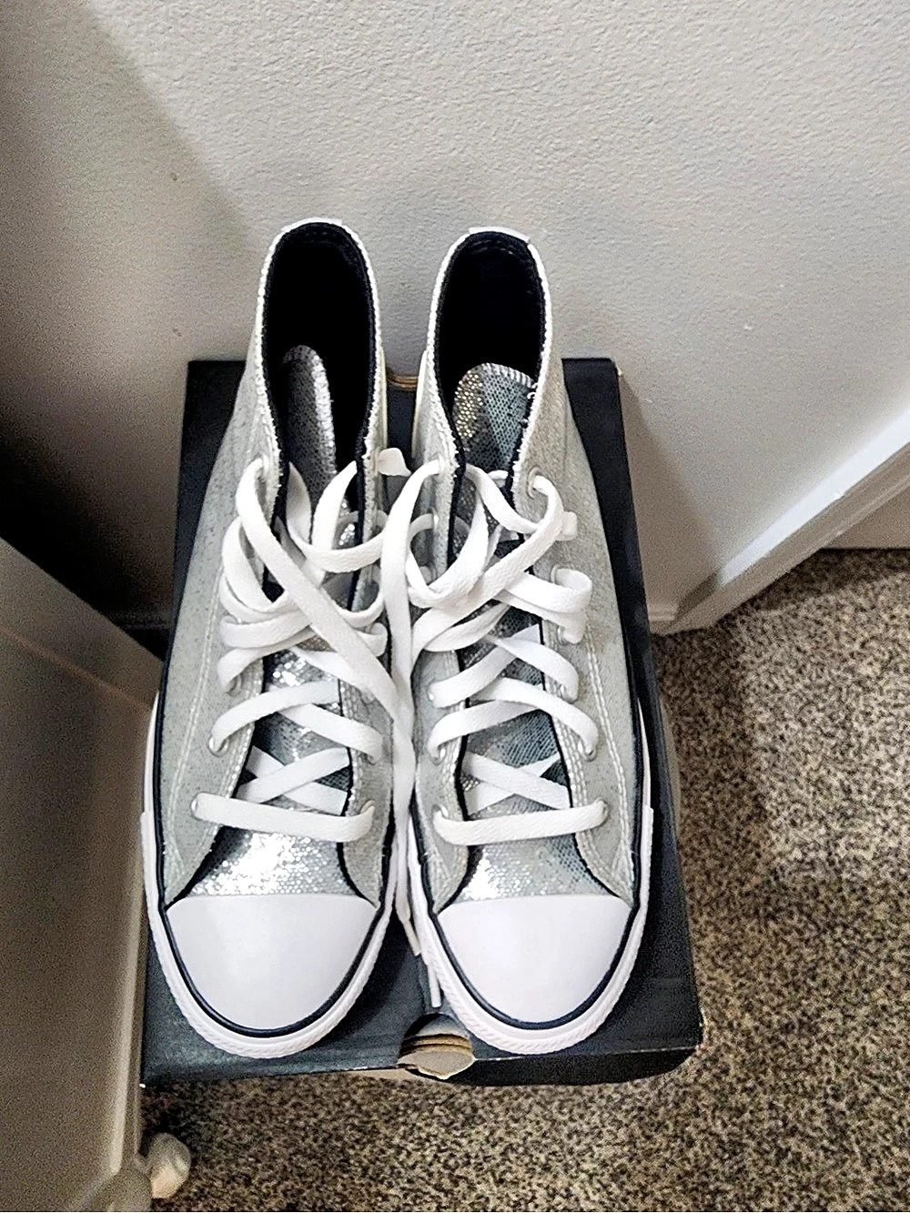 Converse Chuck Taylor All Star Glitter High Top Sneakers Silver & White Kids US